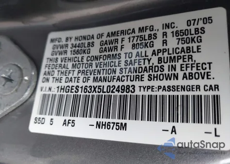 2005 Honda Civic Vp z USA, uszkodzony, nr VIN 1HGES163X5L024983